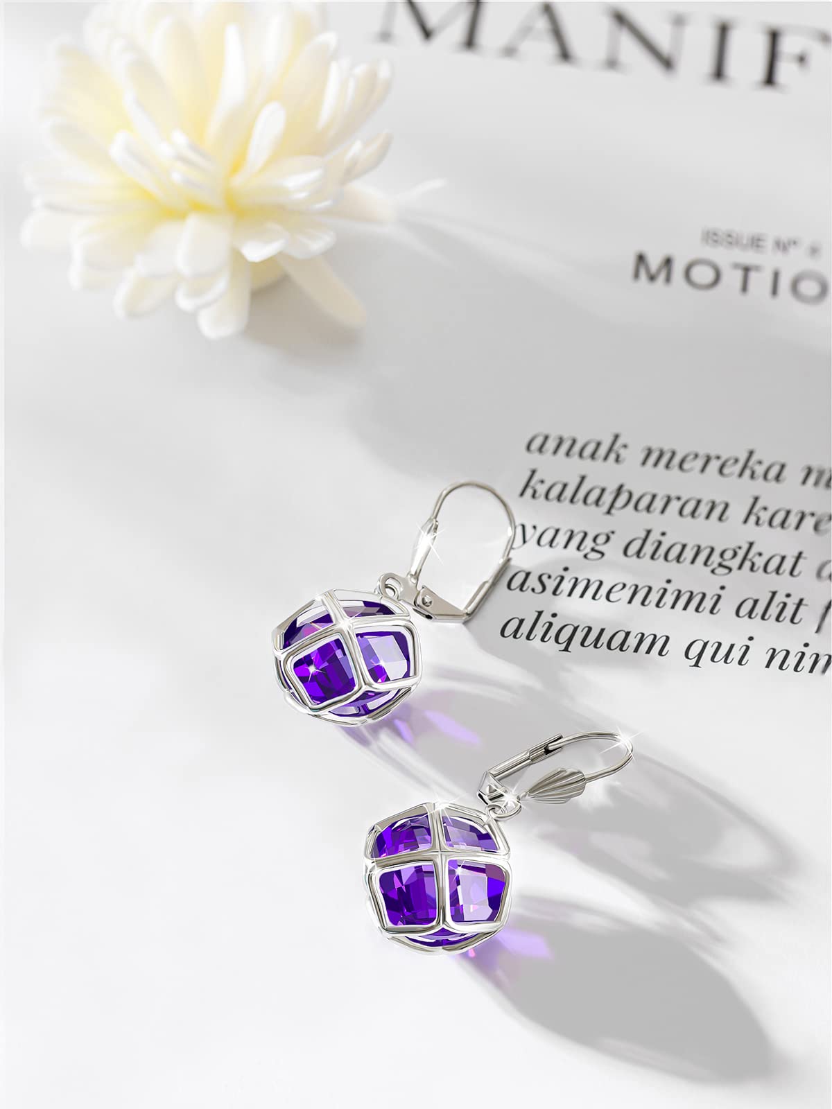 Big Dark Purple Crystal Dangle Earrings for Women (Feb-Amethyst-White Gold Plated)