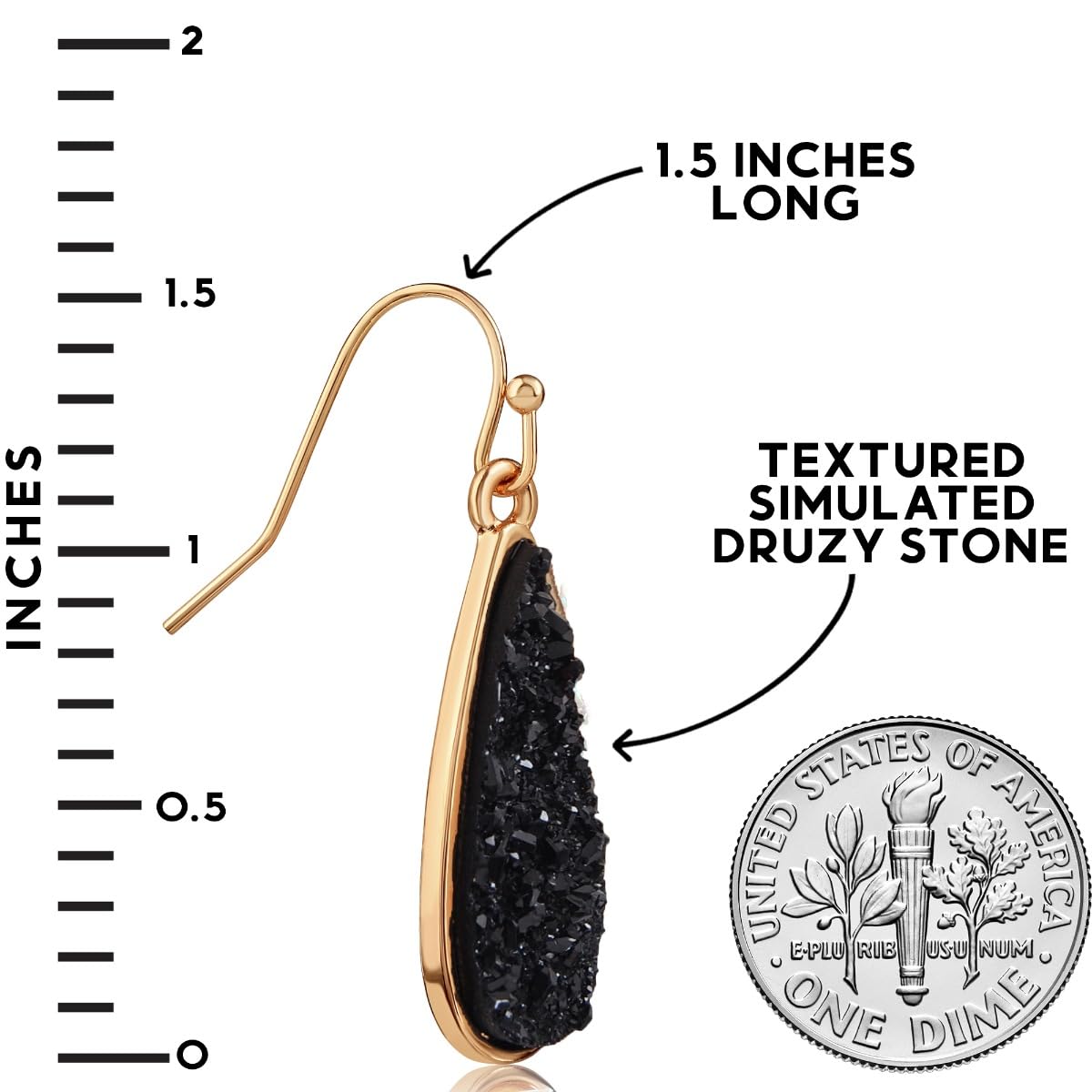 Simulated Druzy Drop Dangles - Sparkly Long Teardrop Dangly Earrings for Women, Gold Tone - Black Stone