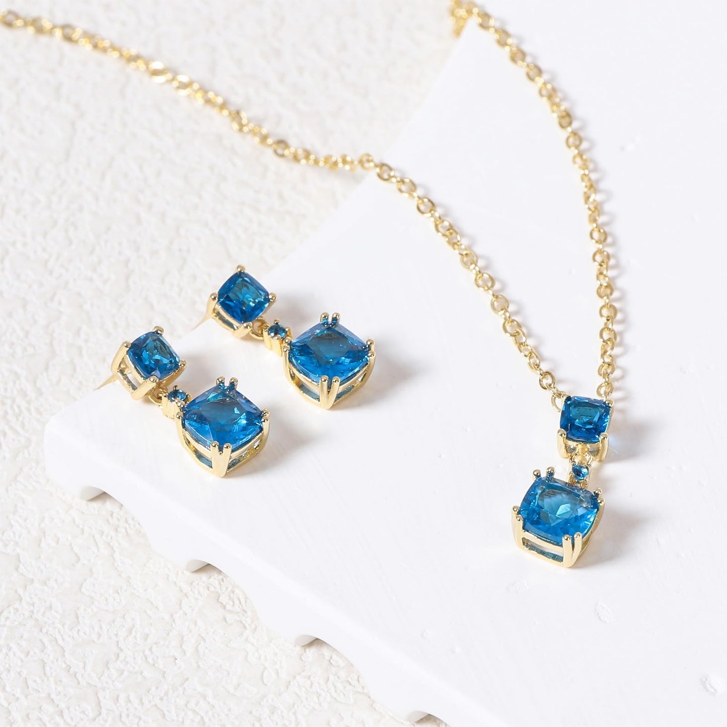 TaYolnFaSo Blue Cubic Zirconia Jewelry Sets for Women 14k Gold Plated Cushion-Cut Necklace Earring Set Blue JCZ ewelry Birthday Gifts for Mother
