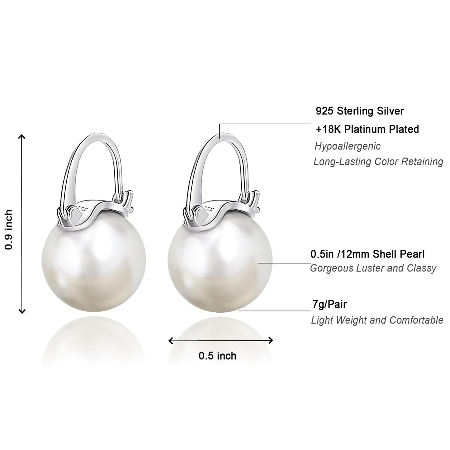 OwMell Elegant 925 Sterling Silver Pearl Drop Earrings Dangle Stud Gold Plated Earrings for Women Large Size 12mm - Silver