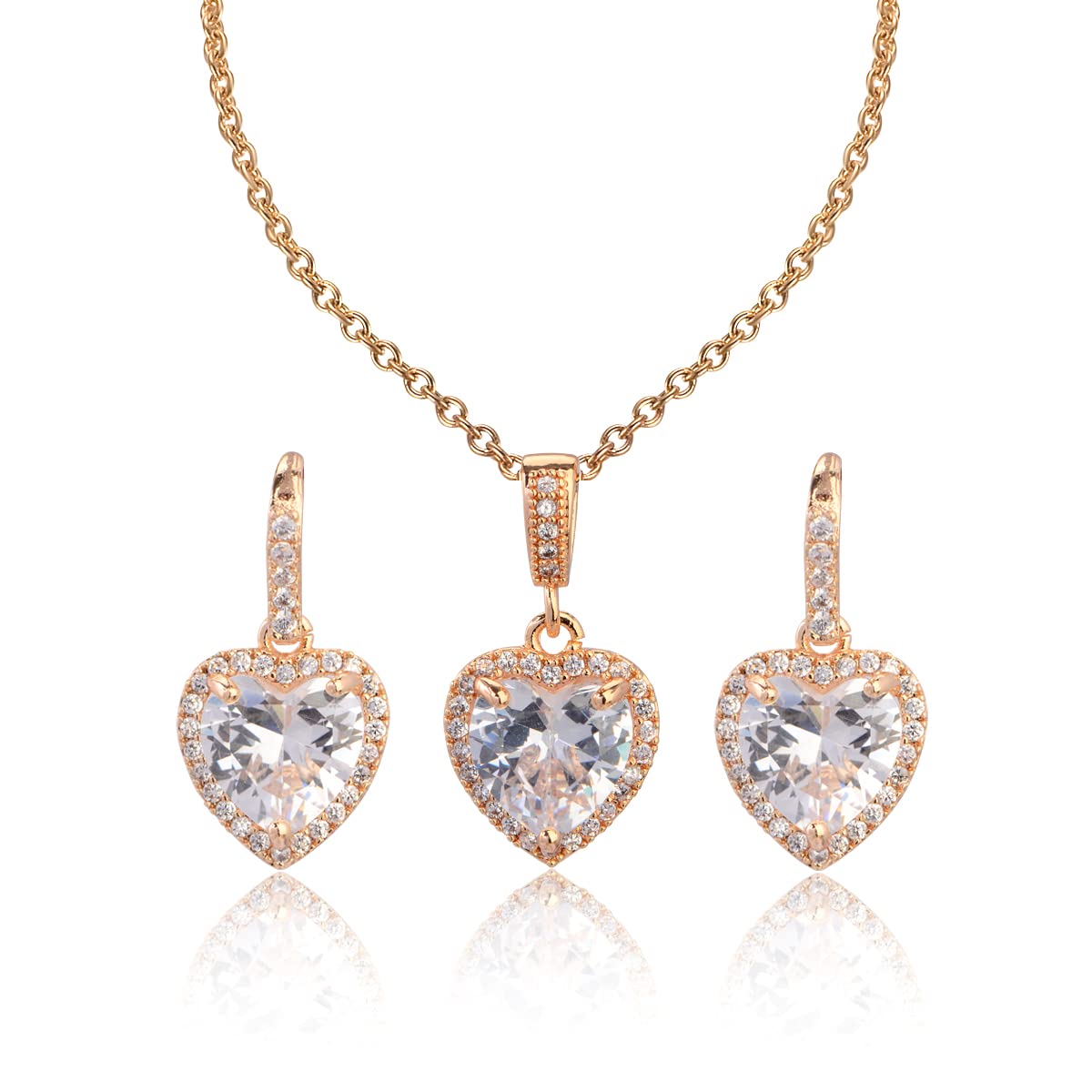 Mycitta Bridal Jewelry Set for Women - 925 Sterling Silver Dainty Small Love Heart Shape CZ Crystal Cubic Zirconia Rhinestone Necklace Earrings Set for Wedding Party Prom Gold Tone