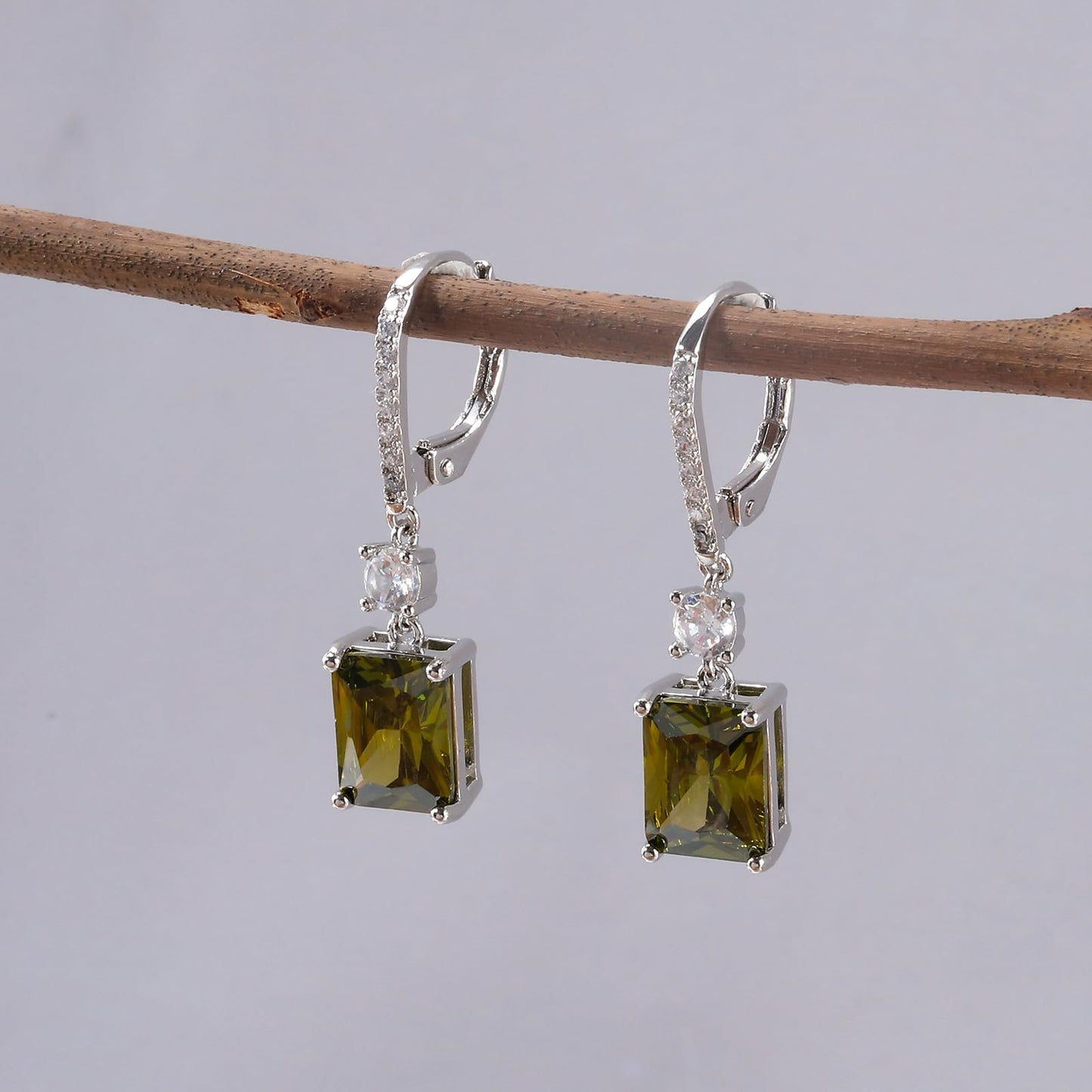 CiNily Leverback Earrings for Women Rectangular-cut Drop Dangle Earring Hypoallergenic, 14K White Gold Plated Olive Green Cubic Zircon Earrings Diamond Dangle Ear Rings Jewelry Birthday