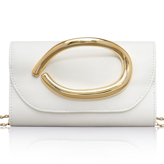 Larcenciel White Leather Clutch Purse for Women w/ 3D Gold Acrylic Handle & Removable Chain Strap, Vintage Envelope Evening Clutch Bag, Formal Lady Crossbody Handbag for Party, Wedding, Cocktail, Prom