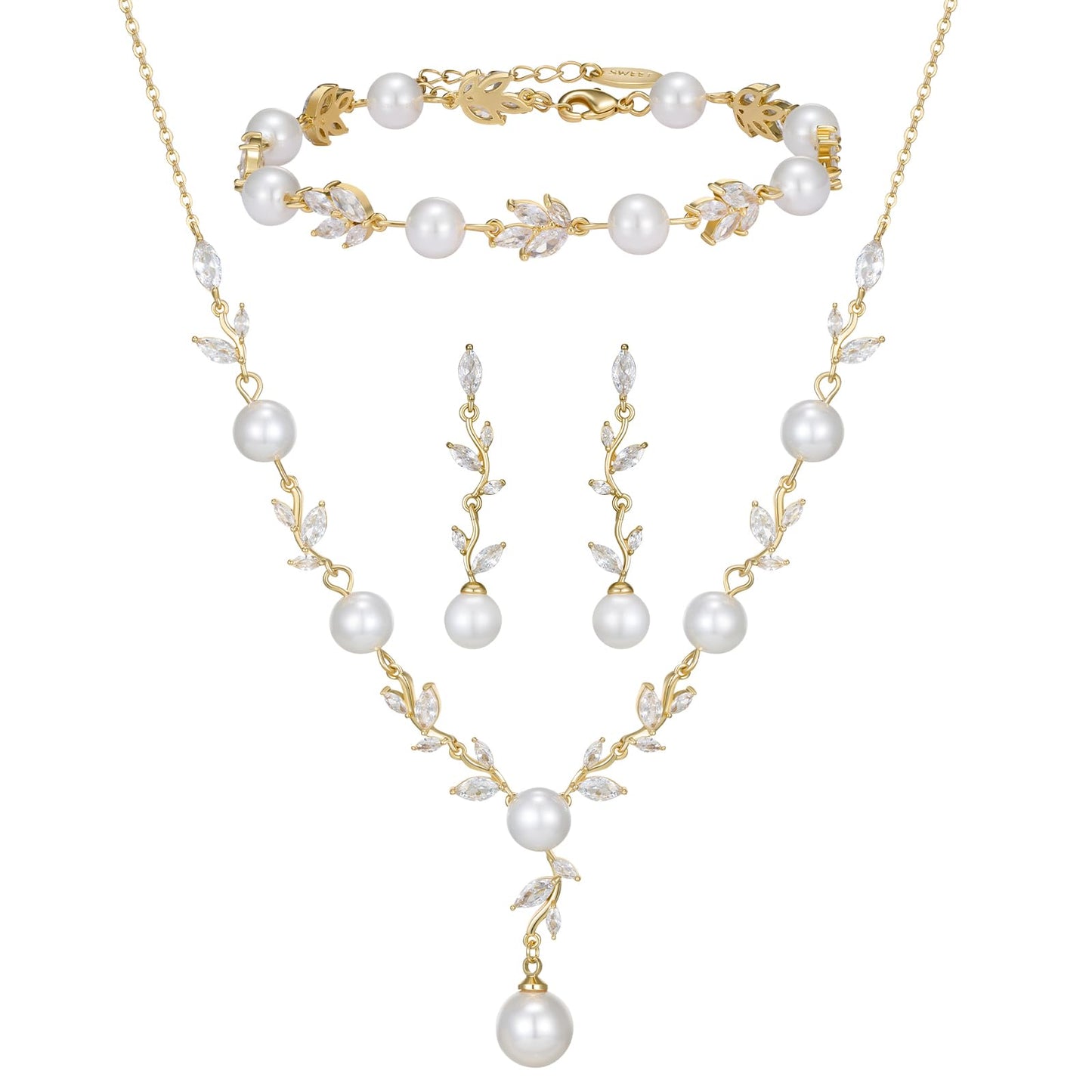 SWEETV Gold Wedding Jewelry Set for Bride Women, Cubic Zirconia Pearl Bridal Earrings Necklace Bracelet Set, Bridal Jewelry Set for Wedding Prom