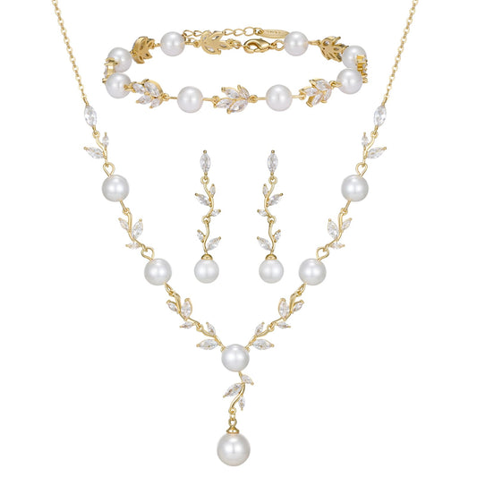 SWEETV Gold Wedding Jewelry Set for Bride Women, Cubic Zirconia Pearl Bridal Earrings Necklace Bracelet Set, Bridal Jewelry Set for Wedding Prom