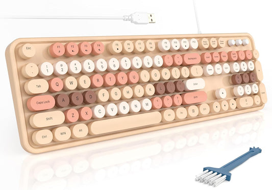MOFII Wired Keyboard - Full Size USB Plug & Play, Colorful Retro Round Typewriter Keyboard with Foldable Stands