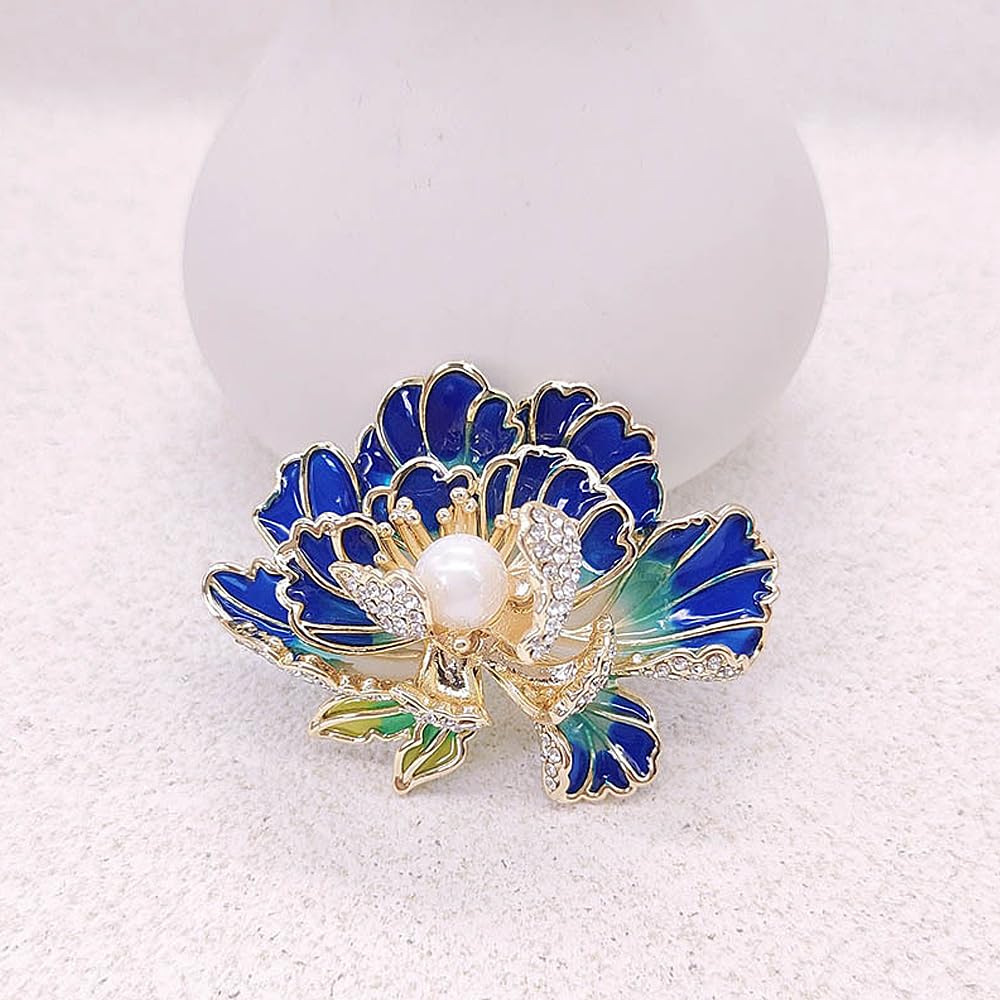 Dainty Flower Brooch Pins for Women Graceful Cubic Zircon Peony Pearl Enamel Badges Lapel Pins Trendy Banquet Prom Dress Jewelry Accessories Gift (Blue)