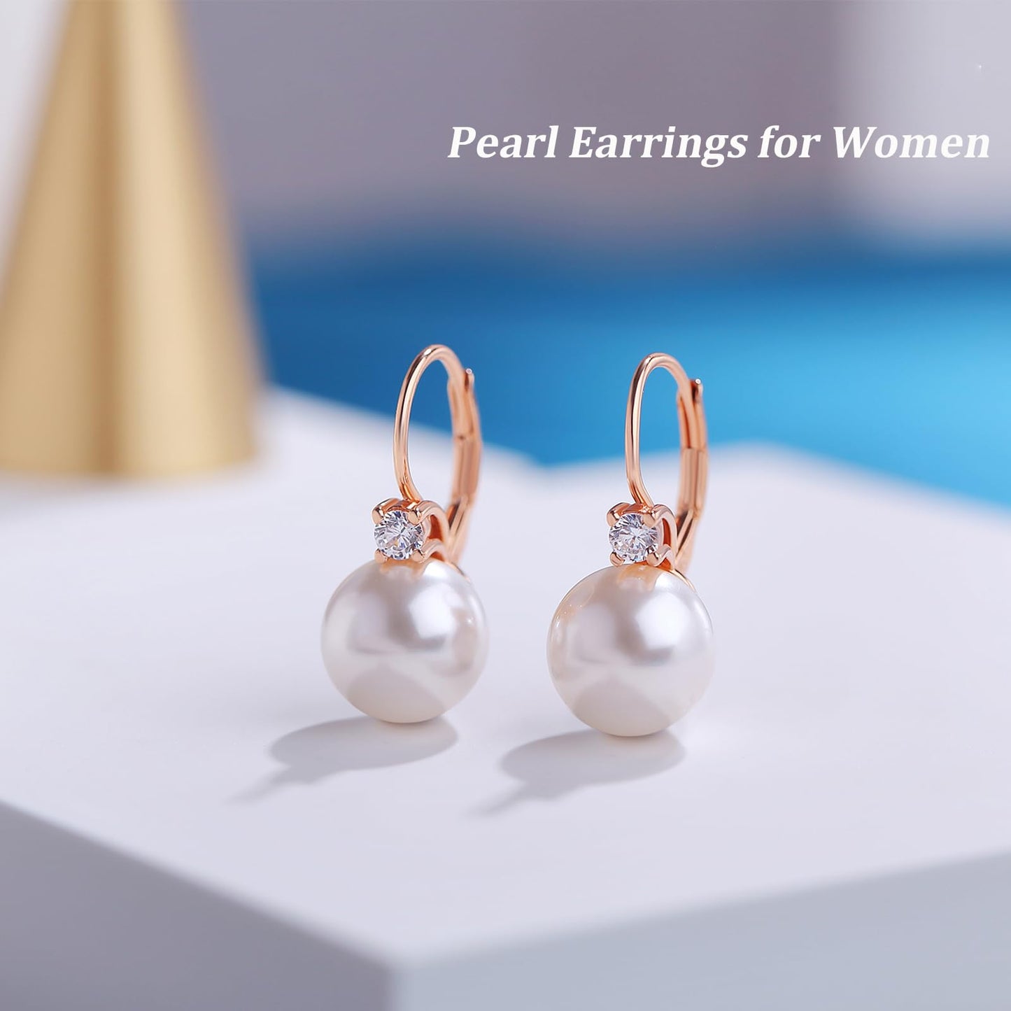 Pearl Dangle Drop Earrings for Women Sterling Silver Cubic Zirconia Leverback Earring 10mm Jiahanzb