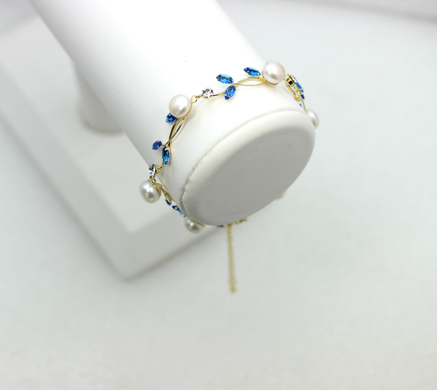 Faship Blue CZ Crystal Genuine Freshwater Pearls Floral Bracelet 7.5" - 9.5" - Blue/Gold Plated/Matching Bracelet