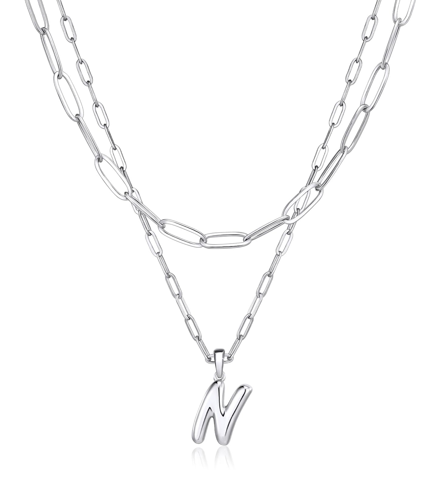 adoyi Silver Initial Necklace for Women 14k Gold Plated Layered Bubble Letter Necklaces Trendy Jewelry Chain Name N Pendant Necklace Stack Birthday Valentines Gifts