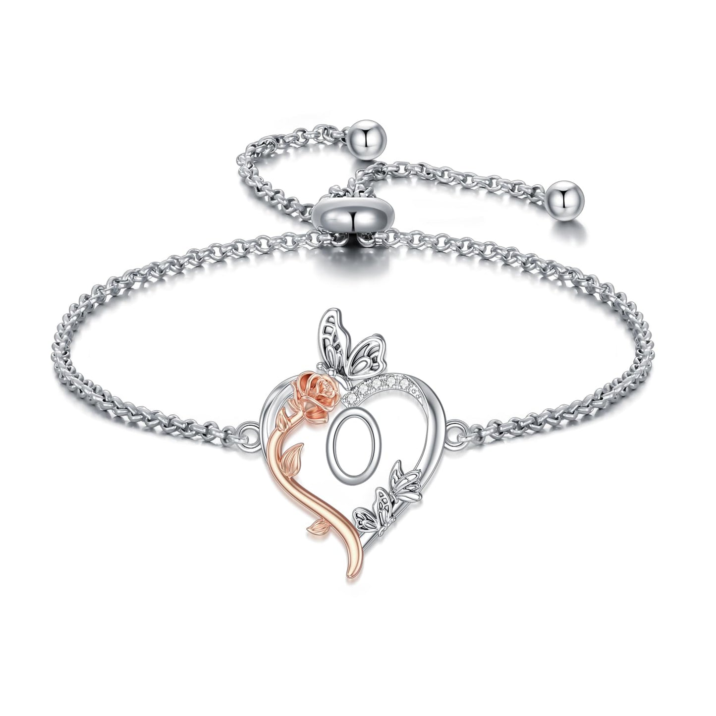 TOUPOP Rose Heart Bracelet for Women Sterling Silver Heart Initial O Letter Bracelet Butterfly Love Jewelry Anniversary Birthday Mothers Day Gifts for Mom Wife Her Girlfriend