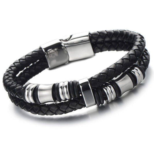 COOLSTEELANDBEYOND Men's Black Double Braided Leather Bracelet With Stainless Steel Barrel Beads, Layered Wristband With Clasp, Modern Minimalist Wrist Jewelry