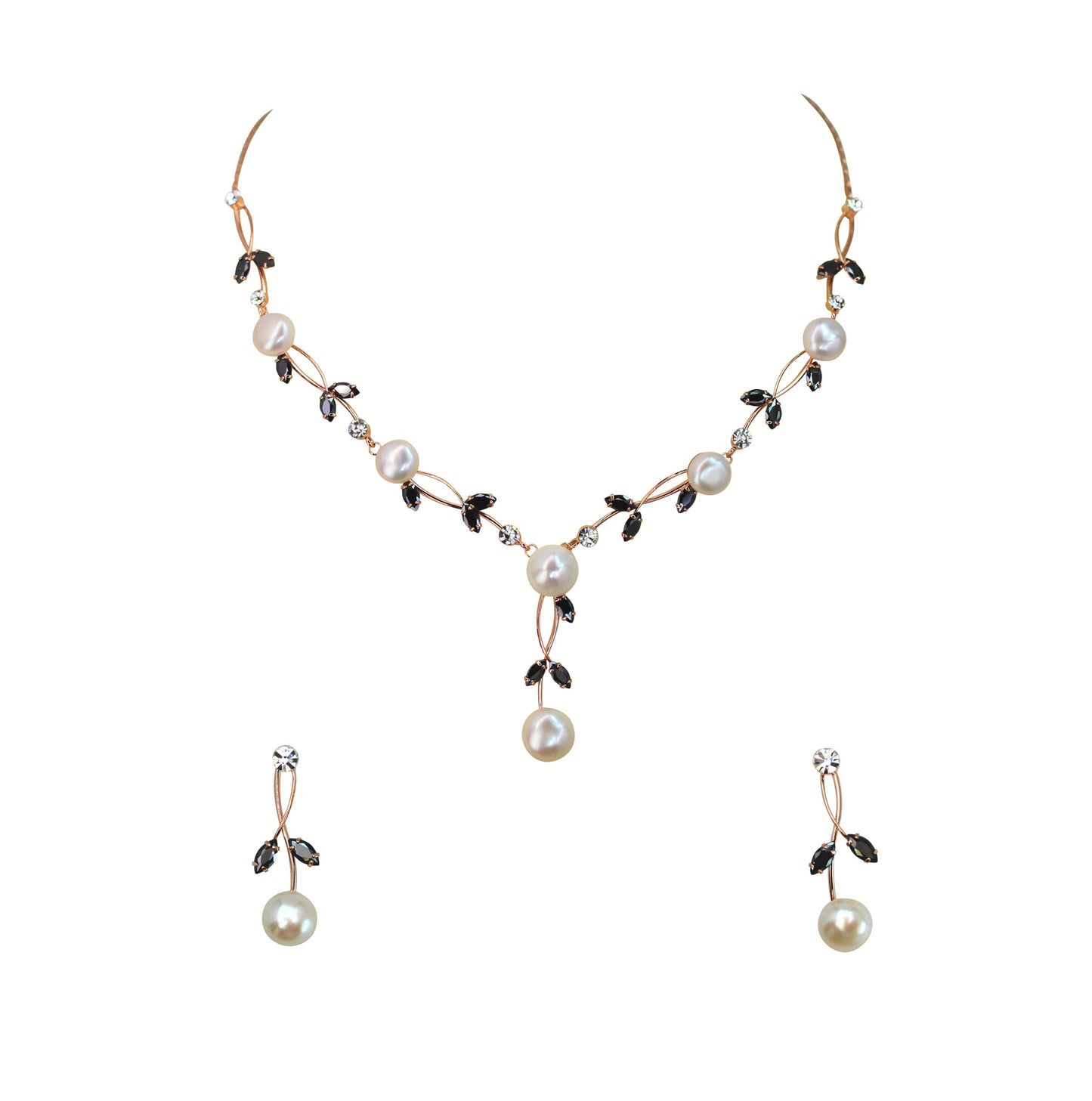 Faship Gorgeous Black CZ Crystal Genuine Freshwater Pearls Floral Necklace Earrings Set - Black/Rose Gold Plated