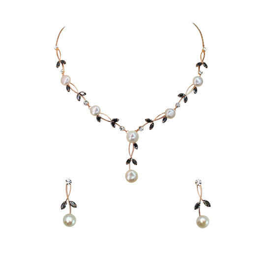 Faship Gorgeous Black CZ Crystal Genuine Freshwater Pearls Floral Necklace Earrings Set - Black/Rose Gold Plated