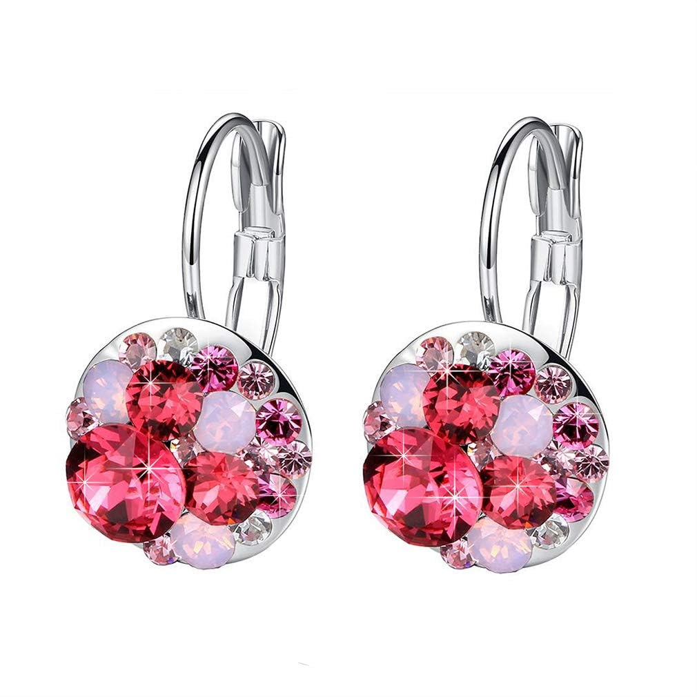 Multicolored Austrian Crystal Earrings for Women 14K Gold Plated Leverback Dangle Hoop Earrings (Pink Red Crystals/Silver-tone)