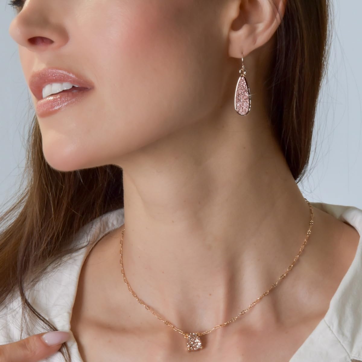 Rose Gold Tone Dangle Earrings for Women - Boho Rose Gold Tone Earrings Dangle, Simulated Druzy Dangly Teardrop Hanging Bohemian Drops, Sparkly Long Tear Drop Dangling Bridal and Bridesmaid Jewelry