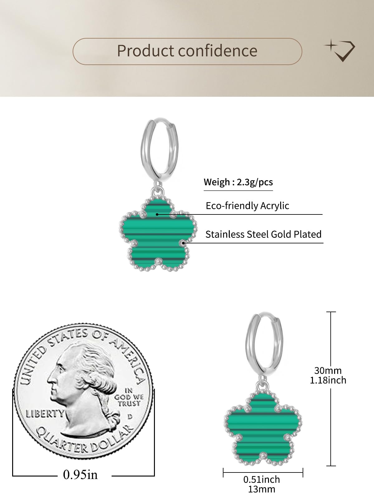 Gold Plated Five Leaf Clover Dangle Earrings for Women Lucky Flower Jewelry (Green Stripe-White Gold Plated)