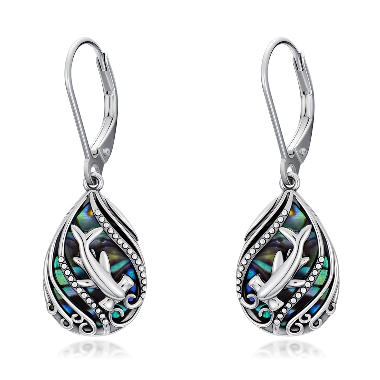 YYmqmq Shark Earrings for Women 925 Sterling Silver Abalone Shell Shark Dangle Earrings Leverback Ocean Jewelry Hammerhead Shark Gifts for Women Girlfriend