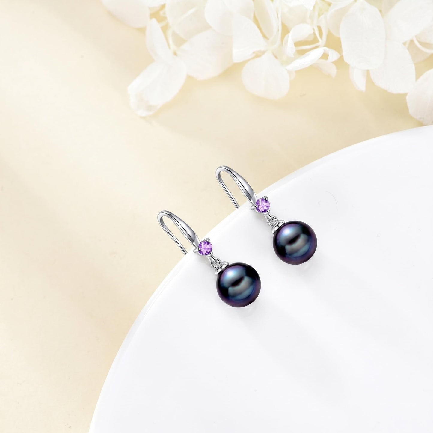 925 Sterling Silver Pearl Leverback Earrings Dangle Drop Birthstone Jewelry Gifts for Women (Black Pearl-June)