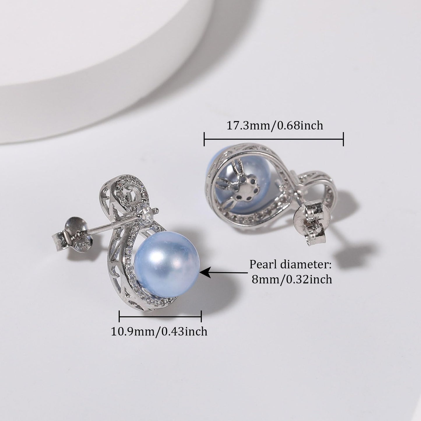 BAMIKI S925 Sterling Silver Infinity Pearl Earrings Stud for Women, Genuine Quality 8-8.5mm Round Saltwater Cultured Blue Pearls, Hypoallergenicity Jewelry Gifts for Mother Wife Bridal