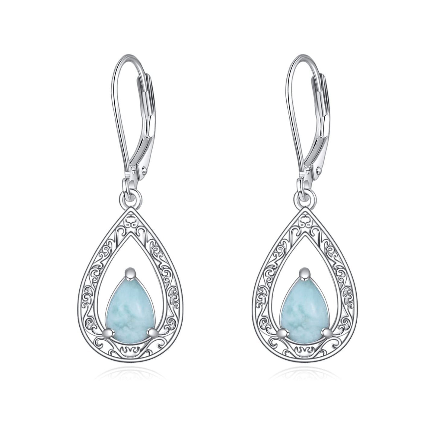 VONALA Filigree Larimar Earrings 925 Sterling Silver Larimar Leverback Earrings Teardrop Dangle Dangling Earrings Jewelry Gift for Women