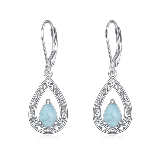 VONALA Filigree Larimar Earrings 925 Sterling Silver Larimar Leverback Earrings Teardrop Dangle Dangling Earrings Jewelry Gift for Women