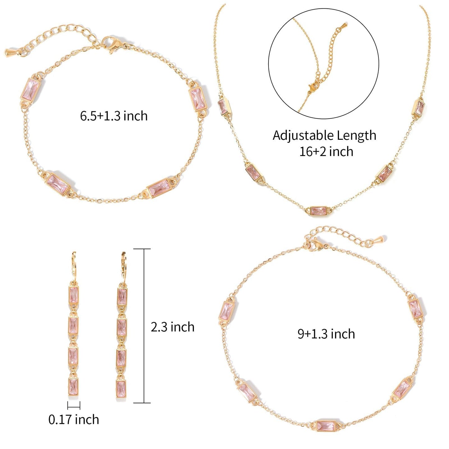 TaYolnFaSo Emerald-cut Pink Crystal Jewelry Set Cubic Zirconia Necklace Earring Bracelet Anklet Pink CZ Jewelry October Birthstone Gift for Women Wife Girlfriend
