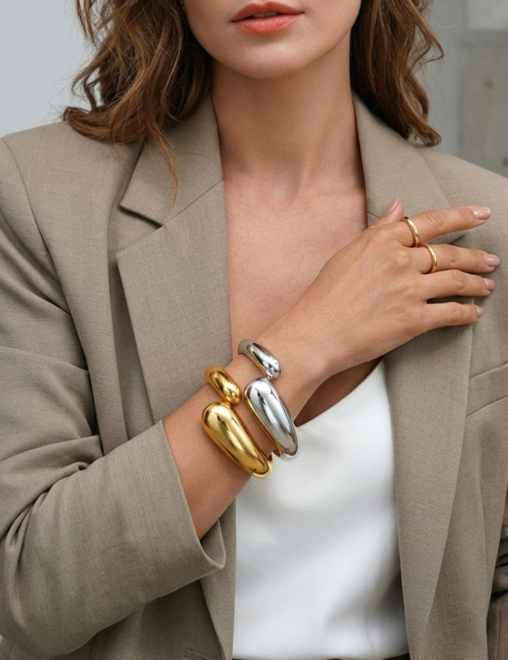 Chunky Gold Bangle Bracelets for Women, Dainty 14k Gold Plated Big Stackable Bangles Set, Trendy Statement Cuff Bracelet Stack Fashion Jewelry Gifts (2 Silver & gold teardrop chunky bangles)