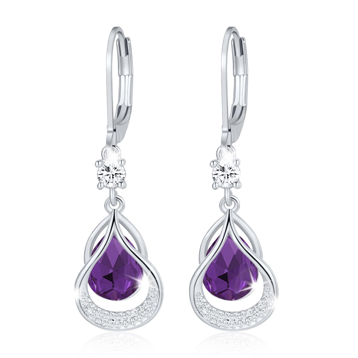 Dangle Trendy Leverback Birthstone Earrings Sliver Plated Teardrop Dangle Earrings Jewelry Christmas Birthday Gifts for Women (Sliver February)