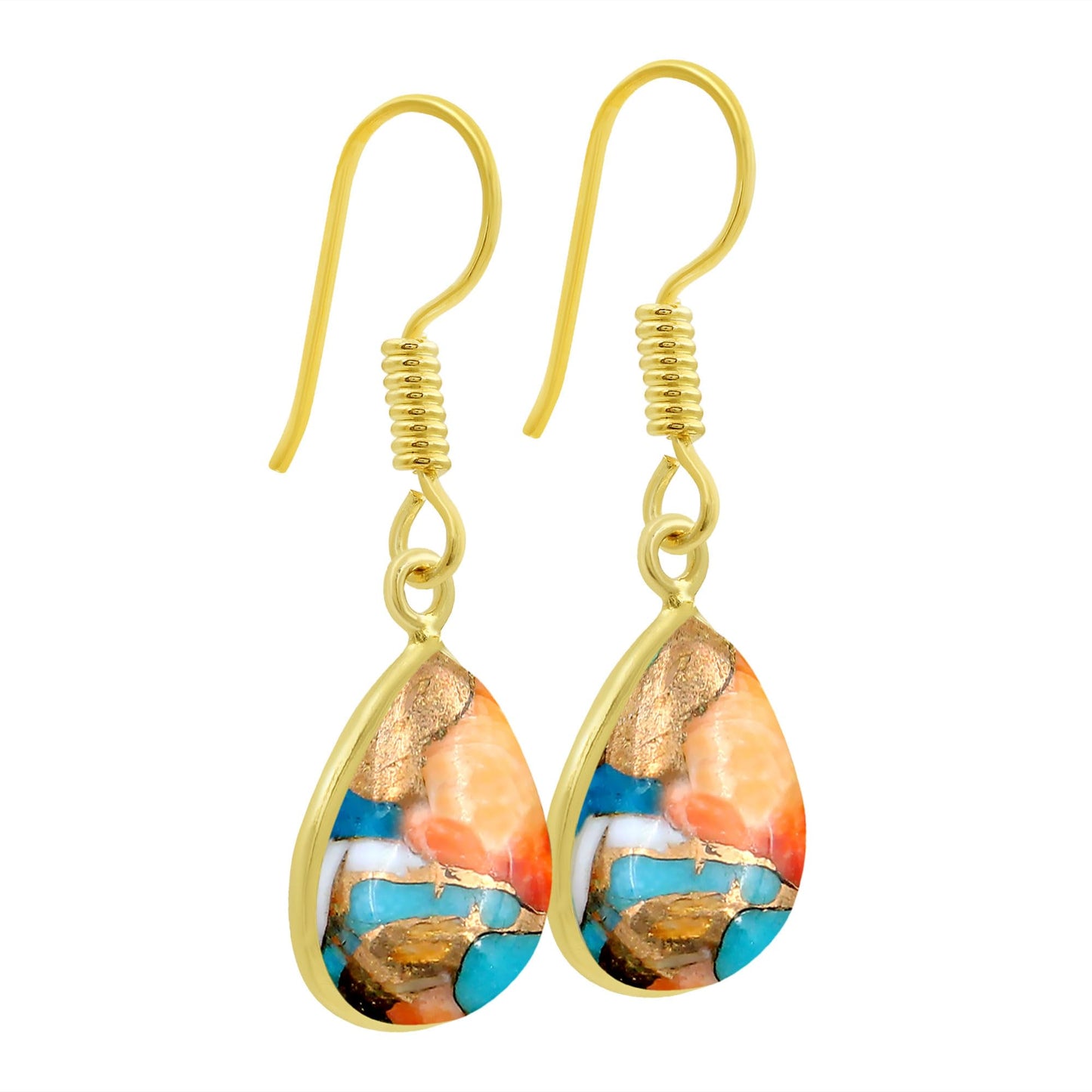 Natural Oyster Copper Turquoise 14K Yellow Gold Plated Dangle Earrings - December Birthstone Teardrop Shape Gemstone Earrings - Handmade Jewelry Gifts for Her
