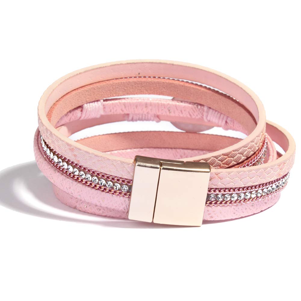 FANCY SHINY Boho Leather Wrap Bracelet Stackable Chunky Crystal Cuff Bracelets with Magnetic Clasp Cowboy Cowgirl Western Summer Beach Outfits Jewelry Gifts for Women (14.7", Pink)