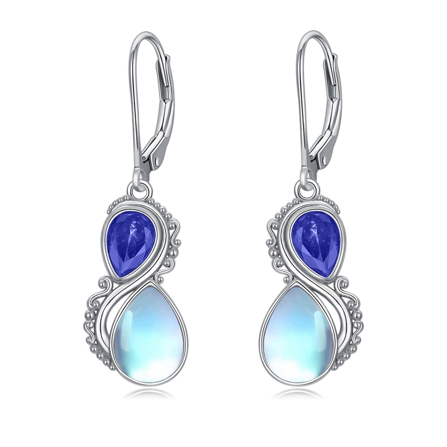 Moonstone Earrings 925 Sterling Silver Vintage Dangle Drop Leverback Earrings with Sapphire Blue September Birthstone Jewelry Gifts for Women