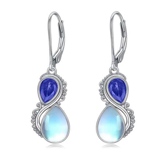 Moonstone Earrings 925 Sterling Silver Vintage Dangle Drop Leverback Earrings with Sapphire Blue September Birthstone Jewelry Gifts for Women
