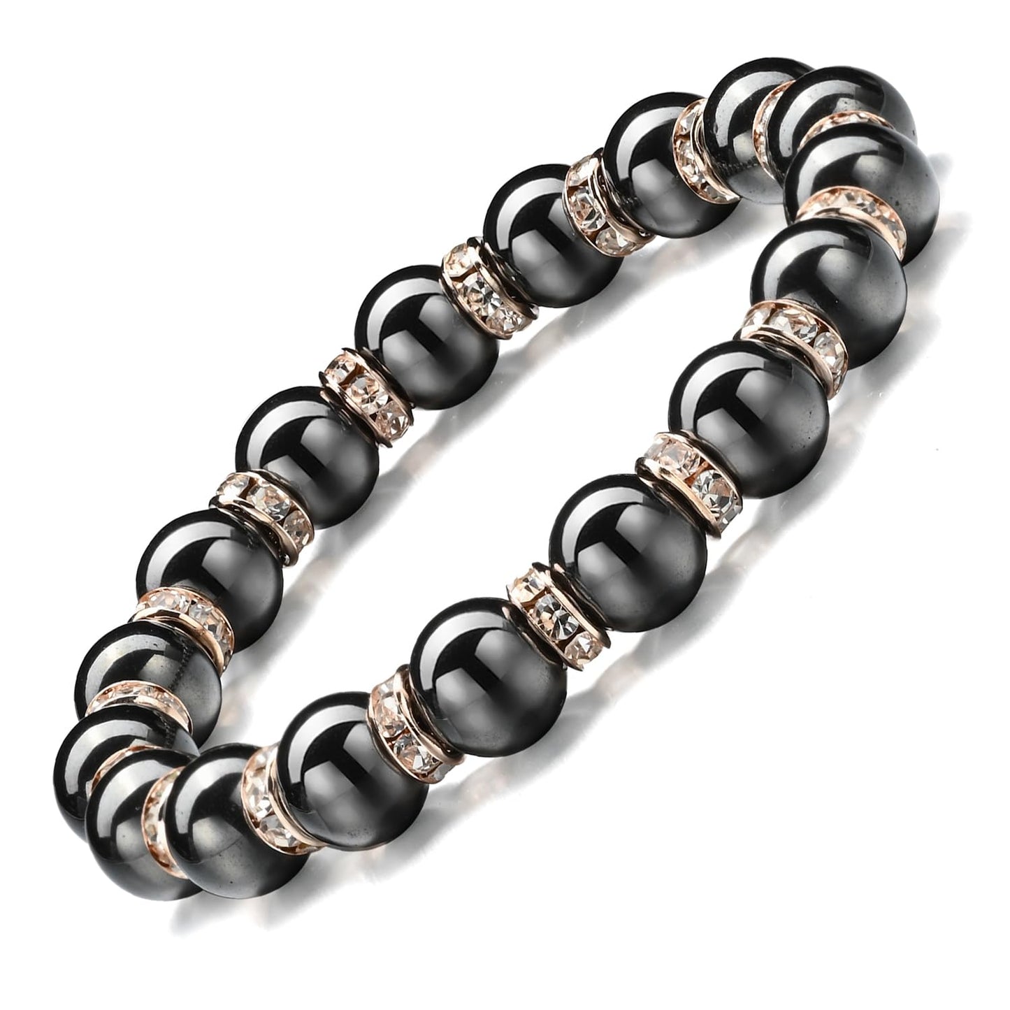 Apocalyptic-K Women's Magnetic Bracelet，Hematite Bracelets，Magnetic Bracelets With Zirconia,Handmade Stretch Bracelet，Eliminates static electricity. (Rose Gold Zirconia,10MM)