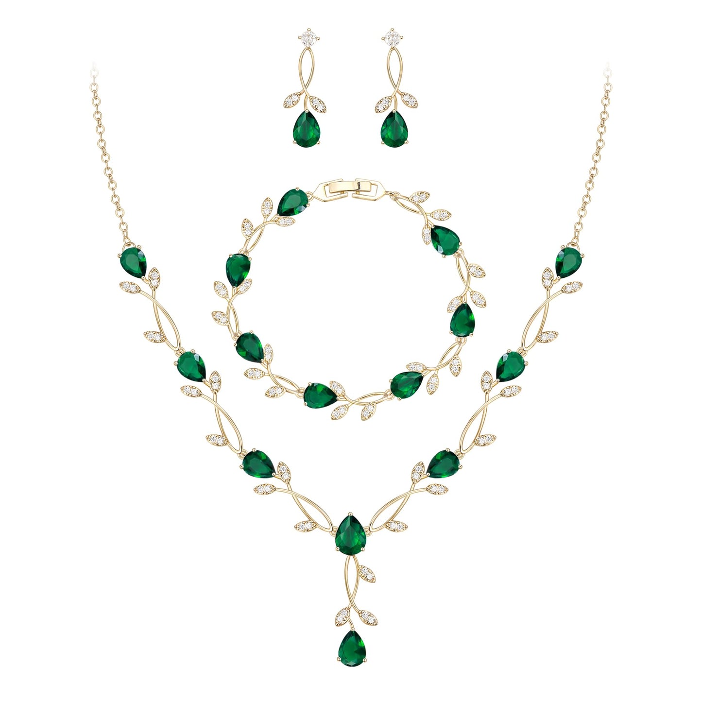 EVER FAITH Wedding Party Jewelry Set for Women, Green Teardrop Cubic Zirconia Gold-Plated-Brass Leaf Costume Prom Necklace Earrings Bracelet Sets Gift for Mother Friend Wife Daughter Sister