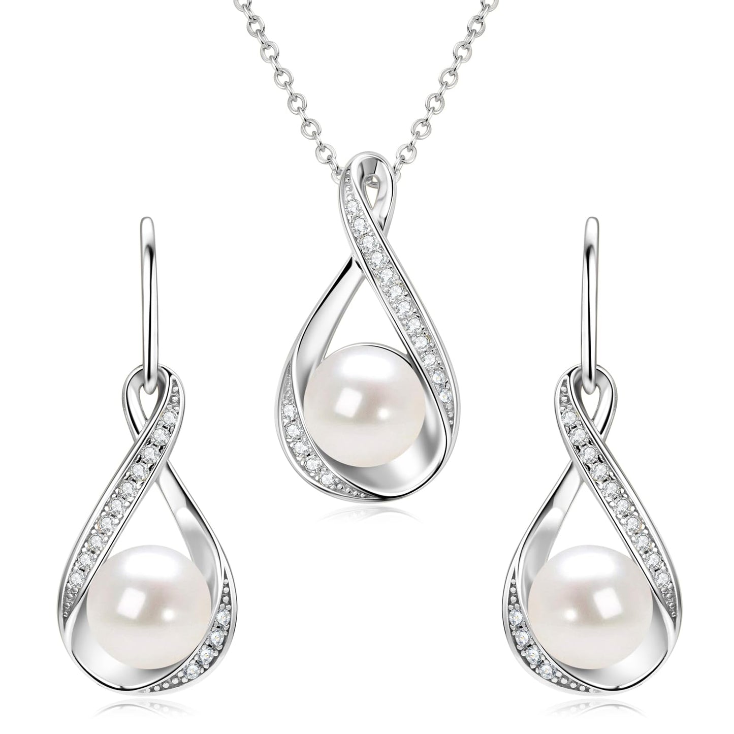 DENGGUANG Sterling Silver Pearl Jewelry Set with Moissanite, Real Freshwater Pearl Earrings Necklace for Women, Wedding Jewelry for Brides Bridesmaid, Mother's Day