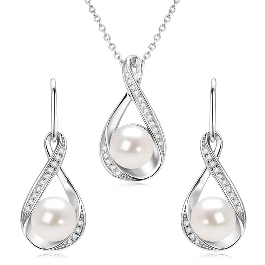 DENGGUANG Sterling Silver Pearl Jewelry Set with Moissanite, Real Freshwater Pearl Earrings Necklace for Women, Wedding Jewelry for Brides Bridesmaid, Mother's Day