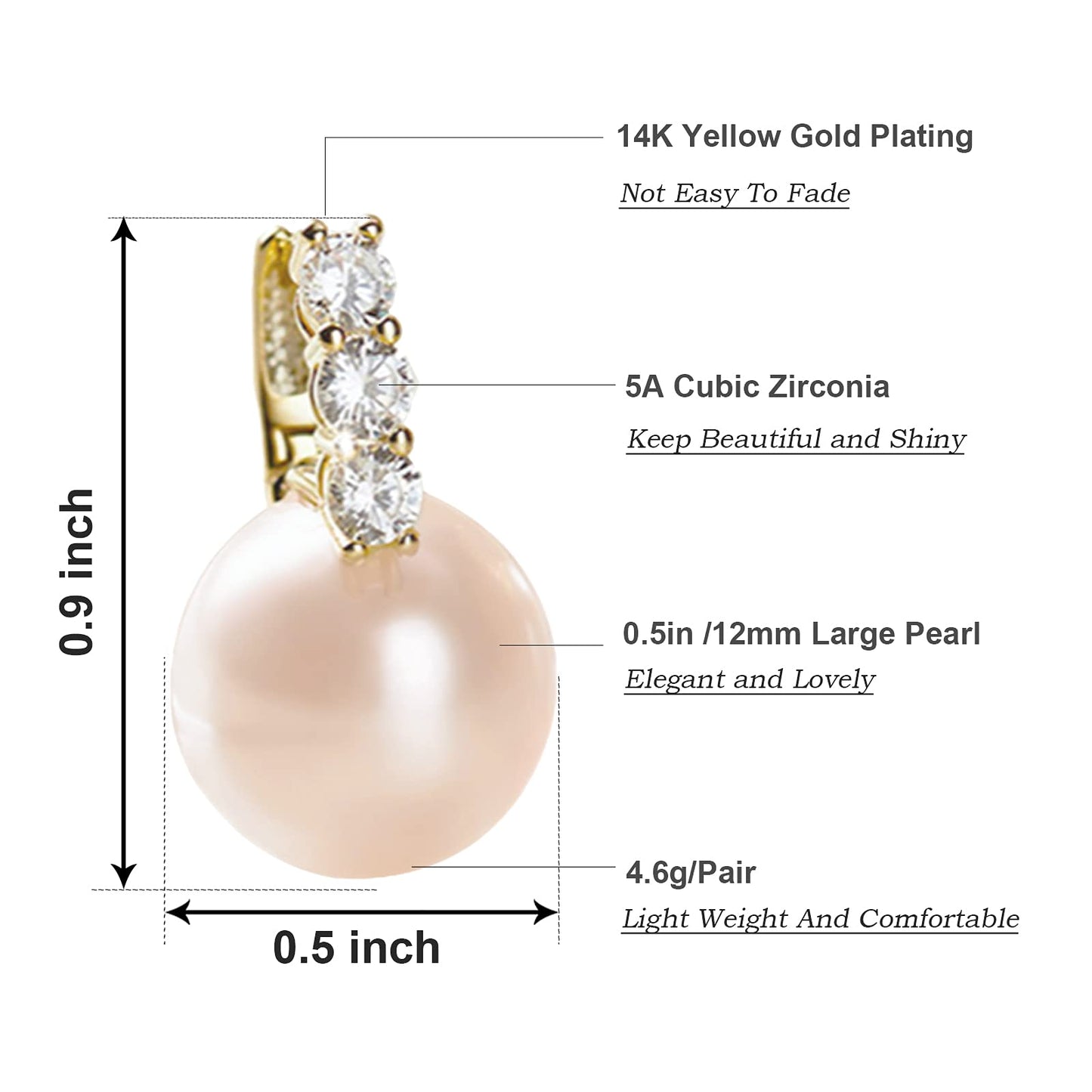 Pearl Earrings for Women 14K Gold Plated Hypoallergenic Pearl Earrings 5A Cubic Zirconia Dangle Earrings Elegant Jewelry (1-Gold -pink)