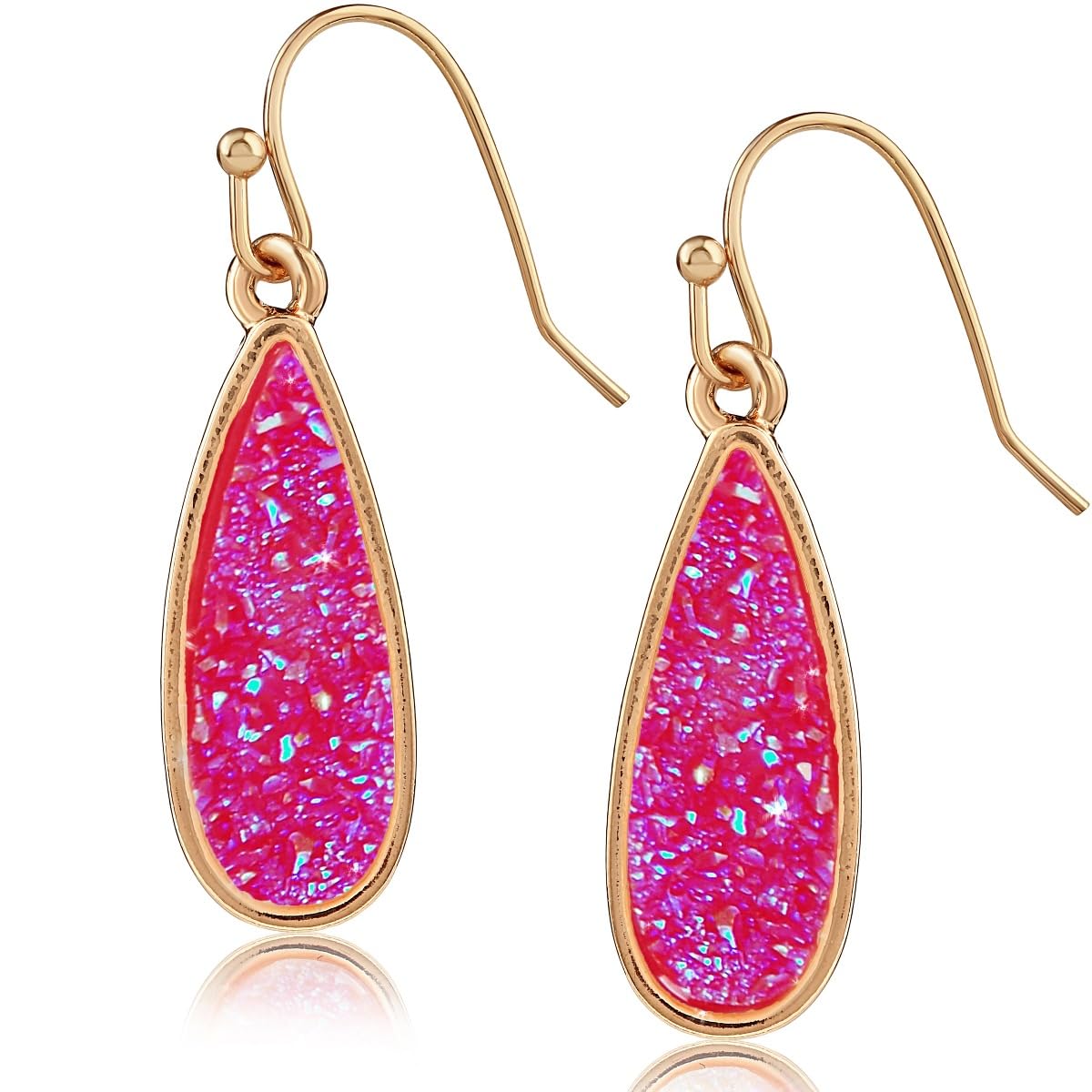 Simulated Druzy Drop Dangles - Sparkly Long Teardrop Dangly Earrings for Women, Gold Tone - Hot Pink Stone