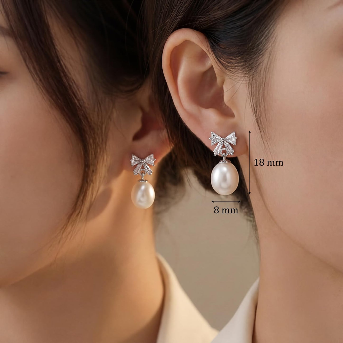 Pearl Drop Earrings for Women, Gold Plated & 925 Sterling Silver, Pink & White Dangle Earrings, Dainty Cute Elegant Bridal Wedding Gift for Her | Christmas Gift for Women (Silver Bow White Pearl)
