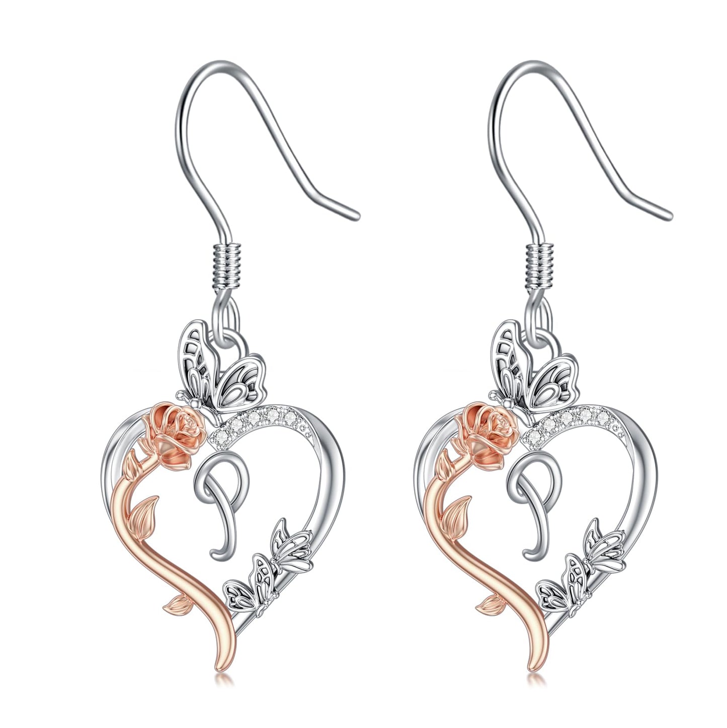 TOUPOP Rose Heart Initial Earrings Sterling Silver Butterfly Earring Initial P Letter Drop Dangle Earrings Jewelry Anniversary Birthday Mothers Day Gifts for Women Mom Wife Girlfriend Her