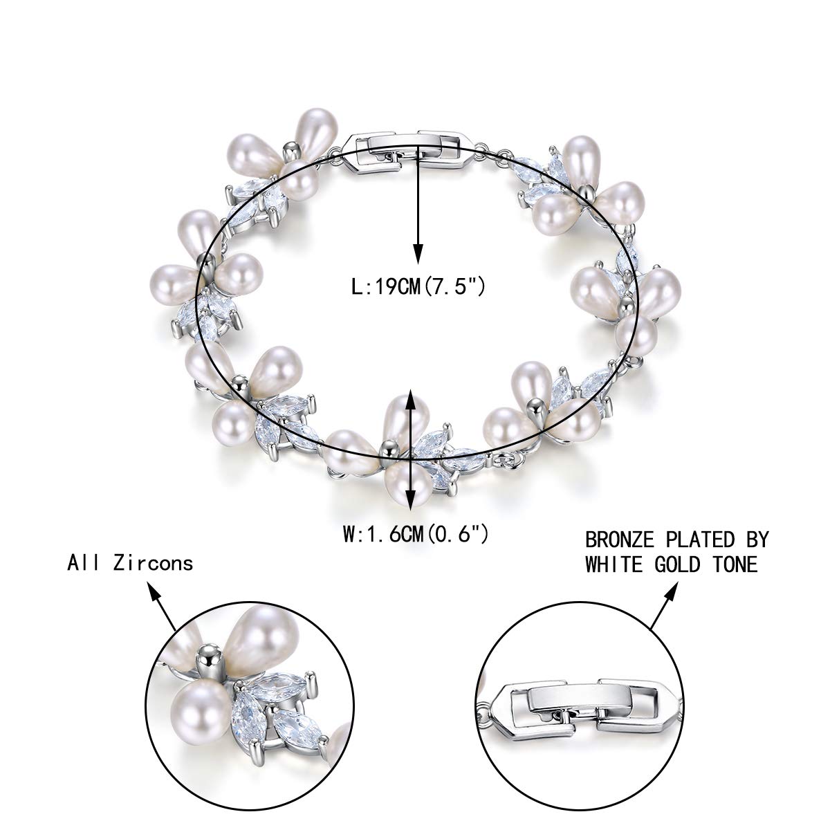 EVER FAITH Women's CZ Cream Simulated Pearl Floral Leaf Wedding Bride Tennis Bracelet Clear Silver-Plated-Brass