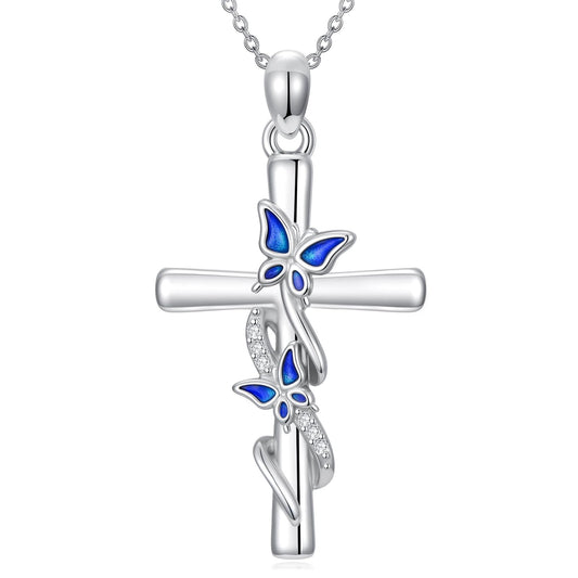 YYB Valentines Day Gifts for Women Cross Necklace 925 Sterling Silver Butterfly Necklace Pendant Butterfly Cross Pendant Gifts for Women