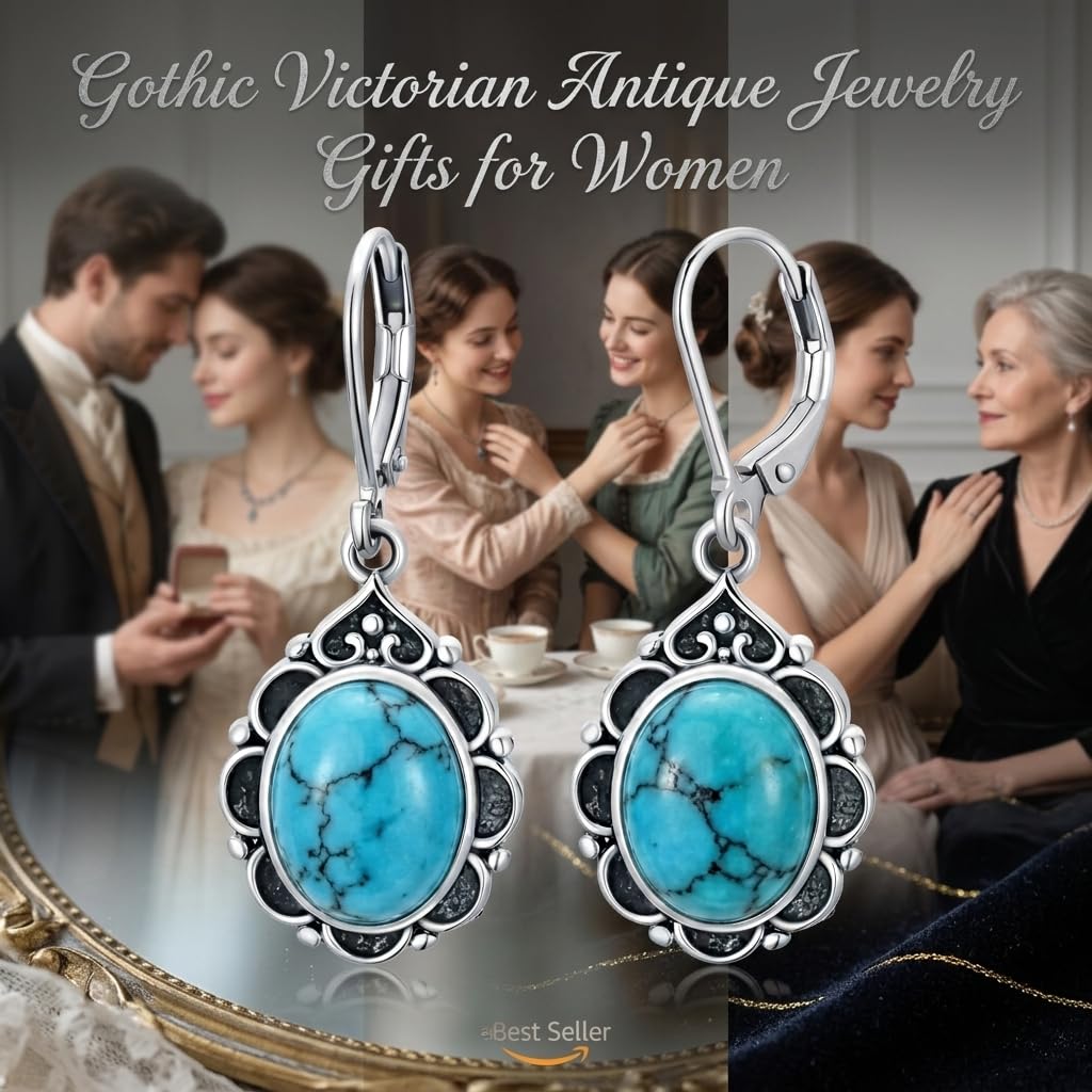 Turquoise Drop Earrings for Women 925 Sterling Silver Vintage Oval 9x7mm Filigree Leverback Dangle Earrings, Gothic Victorian Antique Jewelry Gifts