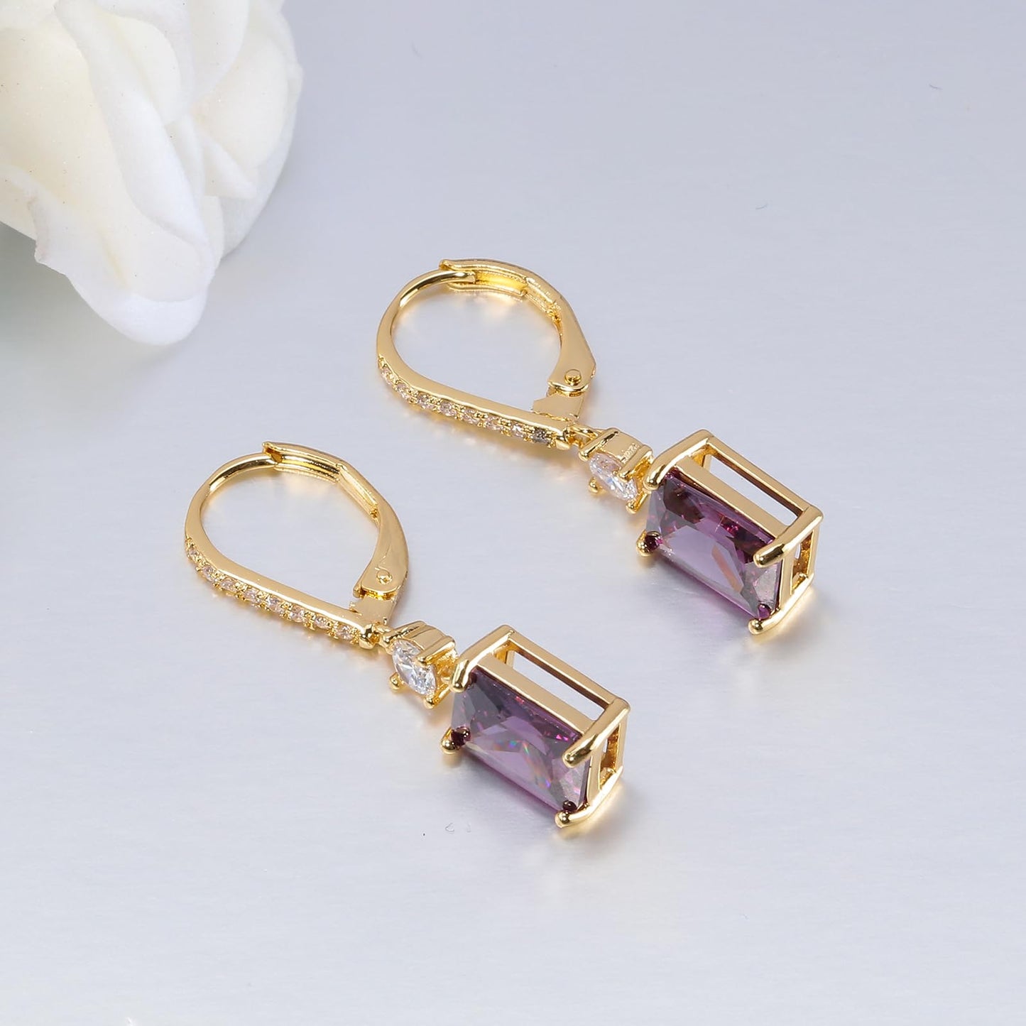 CiNily Leverback Earrings for Women Rectangular-cut Drop Dangle Earring Hypoallergenic, 14K Gold Plated Purple Cubic Zircon Earrings Diamond Dangle Ear Rings Jewelry Birthday