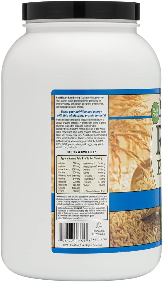 NutriBiotic Plain Rice Protein, 3 Lb (1.36kg) | Low Carb, Vegan & Raw Protein Powder | Grown and Processed Without Chemicals, Gluten or GMOs | Keto Friendly & Easy to Digest