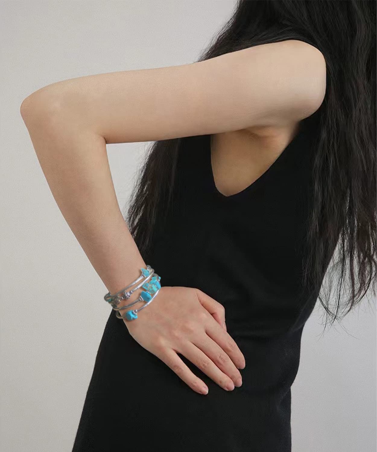 FULU AUTUMN Stone Silver Bangle Wrap Bracelet Boho Turquoise Crystal Chips Bead Bracelets Fashion Jewelry Birthday Gifts for Women(19-Turquoise)