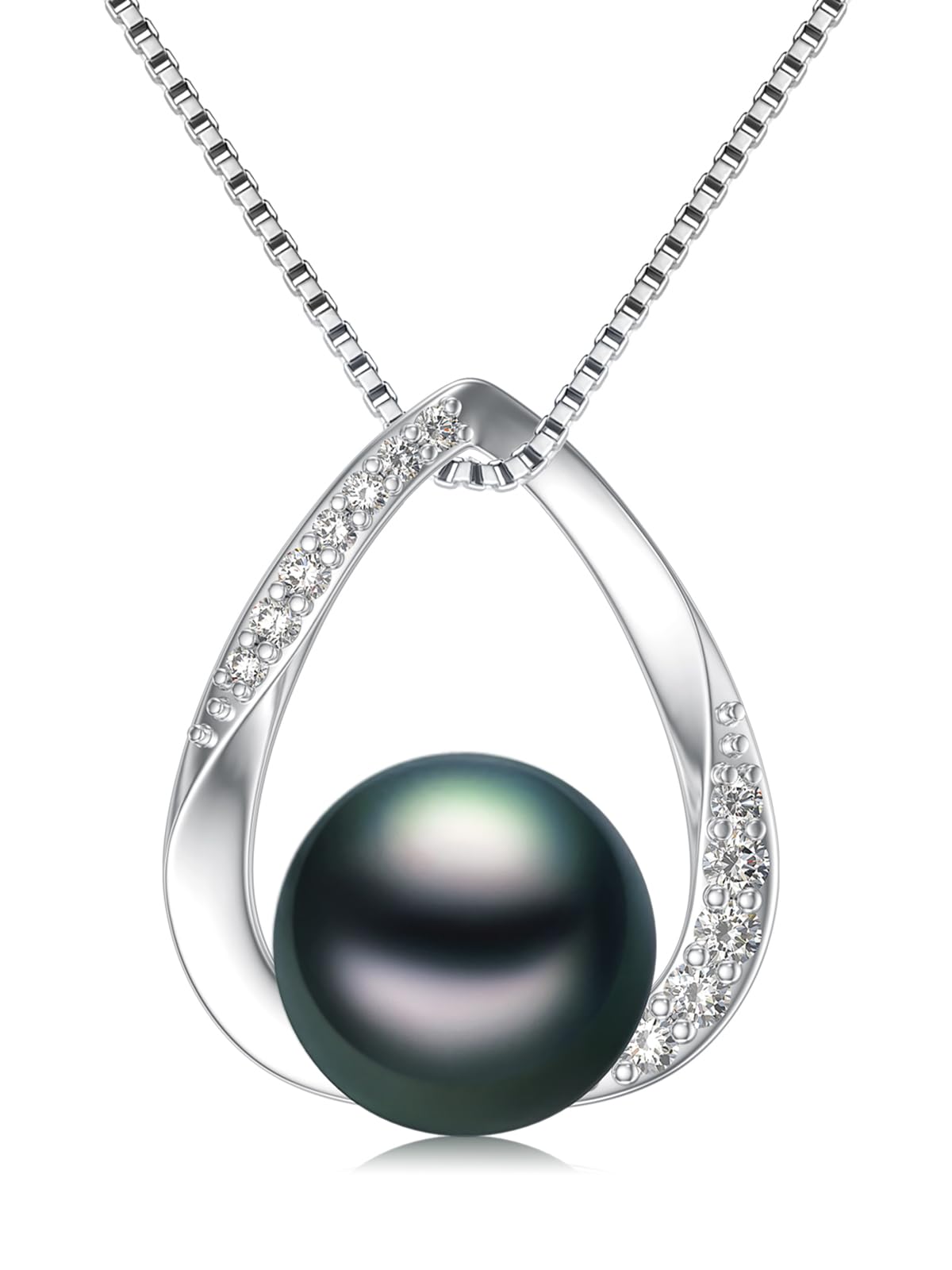 Gifts for Wife Women Anniversary-Tahitian Black Pearl Necklace 18K White Gold Plated 925 Sterling Silver AAA+ Handpicked Pearl Pendant Jewelry Gift for Mom Women Her Wedding Birthday