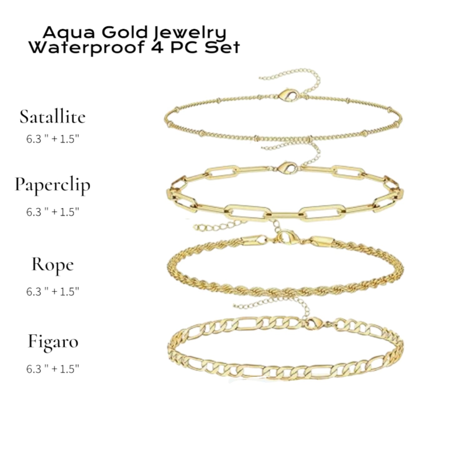 Waterproof Gold Stackable Bracelets Set for Women 4-Piece Stacked Bracelets, 18K Gold Plated Stainless Steel Women’s Bracelet Set, Dainty Layered Bracelets (Paperclip, Figaro, Rope, Satellite)