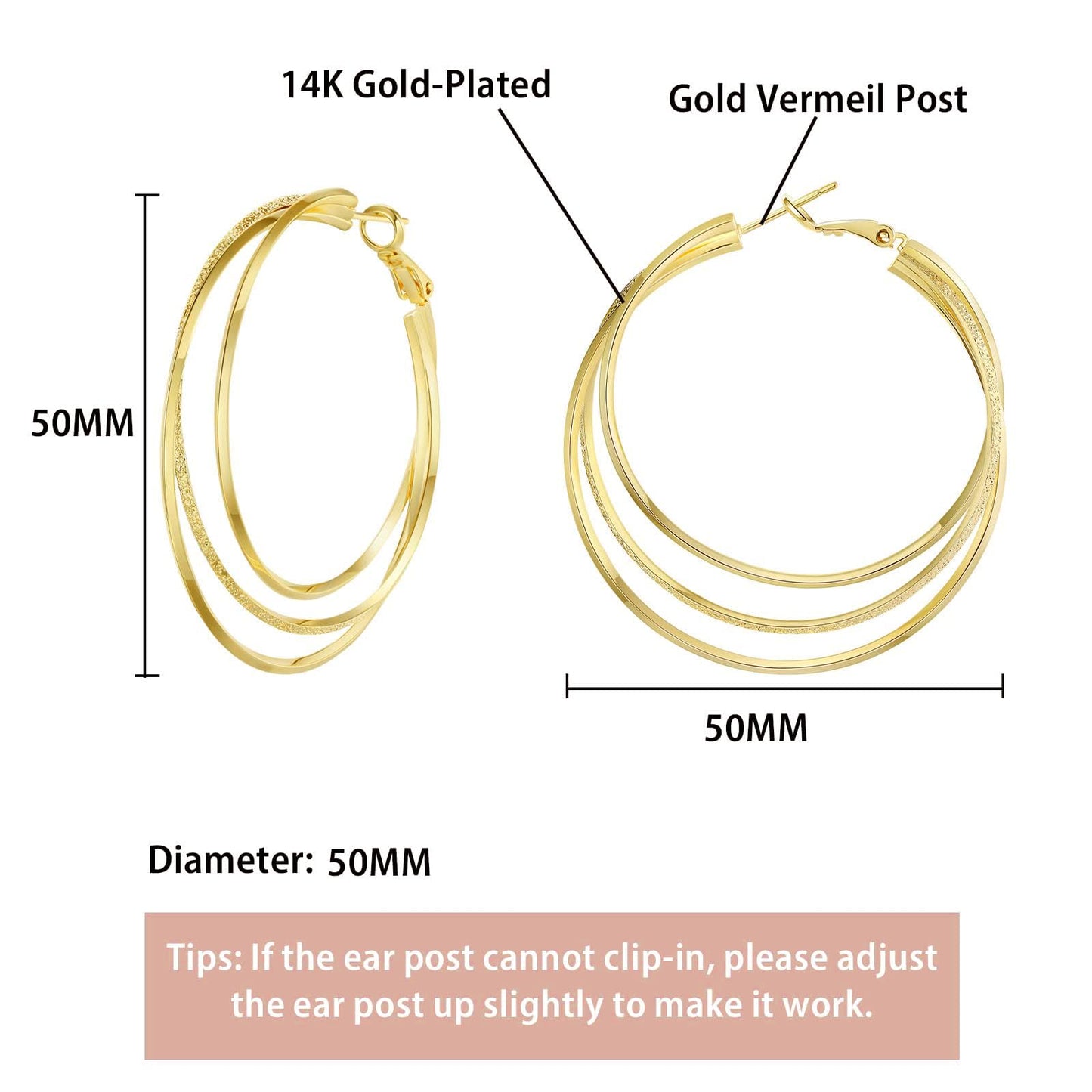 GLOQUAT 14K Gold Plated Hoop Earrings for Women Large Gold Thin Hoops Twisted Triple Hoop Earring for One Ear Hole Lightweight and Hypoallergenic Chunky Earring Jewelry Gifts 50mm